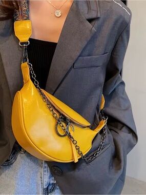 Vibrant Yellow Crescent Crossbody Bag with Chain Detail NWOT